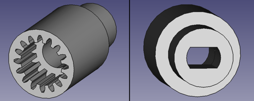 Left the cutout for the pinion on the &ldquo;hand shaft&rdquo;. Right the hole for the motor shaft.